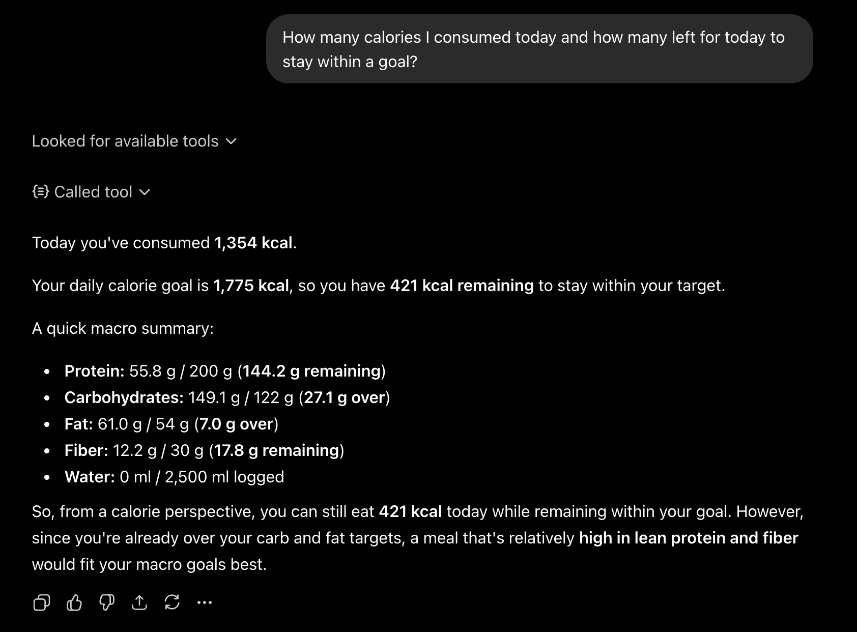 ChatGPT answering a nutrition question using traq data, showing daily calorie and macro breakdown