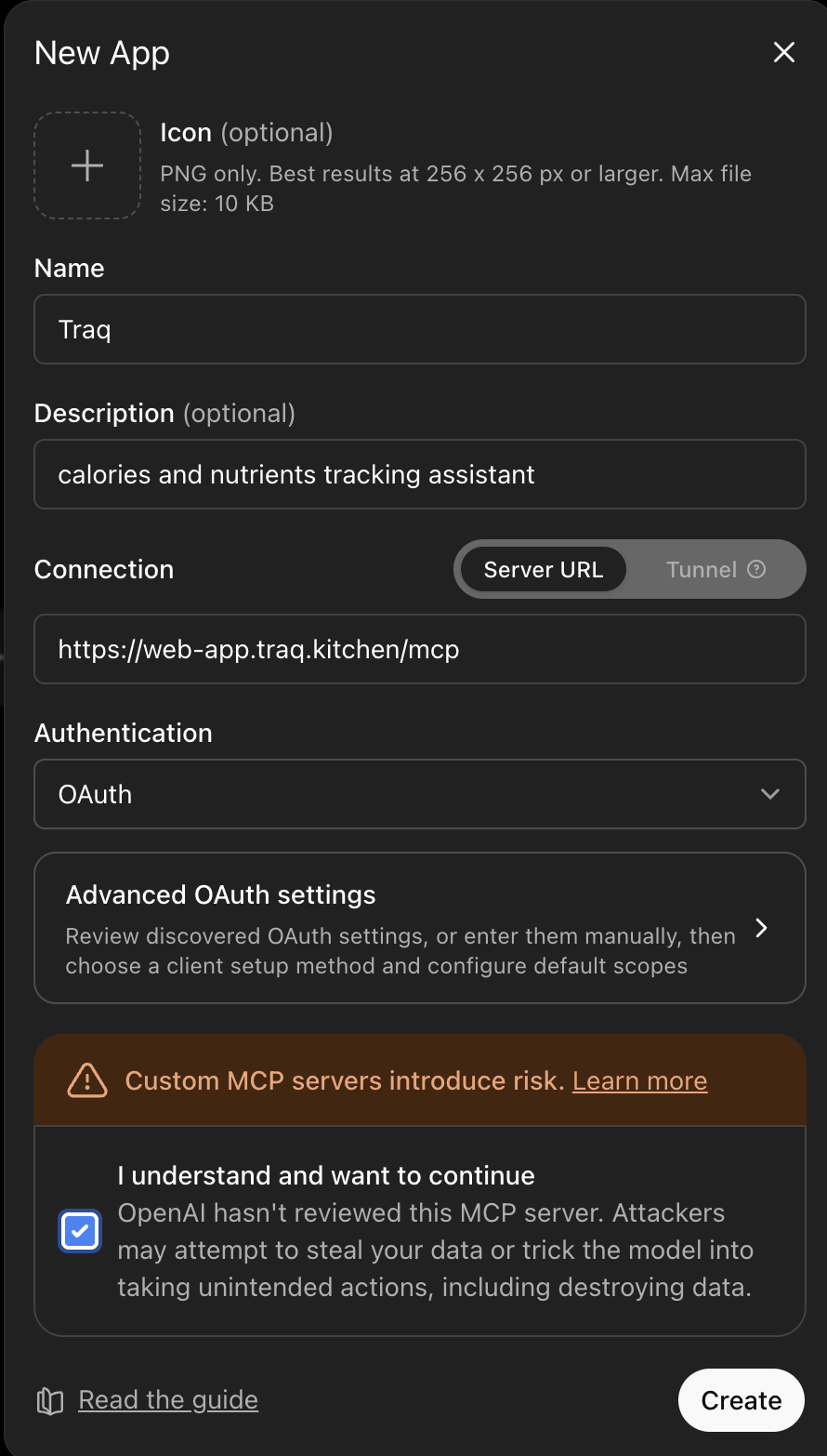 ChatGPT Developer Mode 'New App' form with the traq server URL and OAuth authentication selected