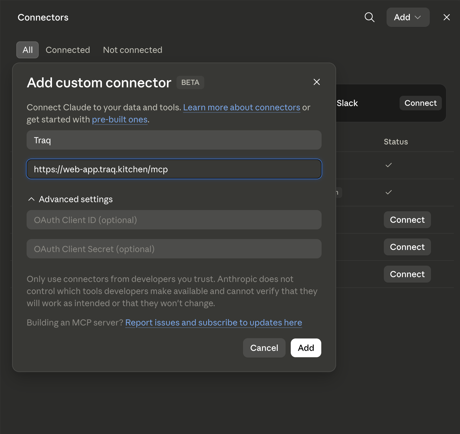 Claude 'Add custom connector' dialog with the traq server address filled in