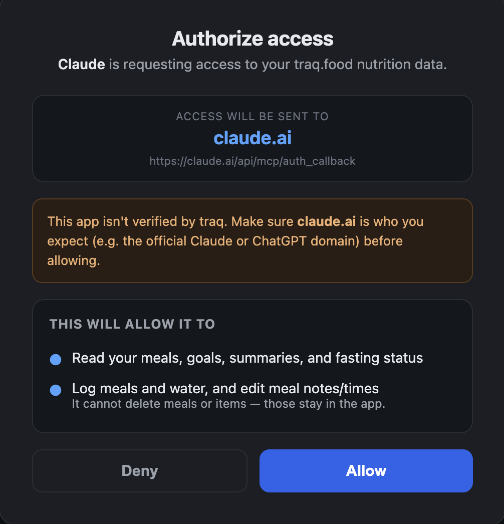 traq authorization screen showing Claude is requesting access with Allow and Deny buttons
