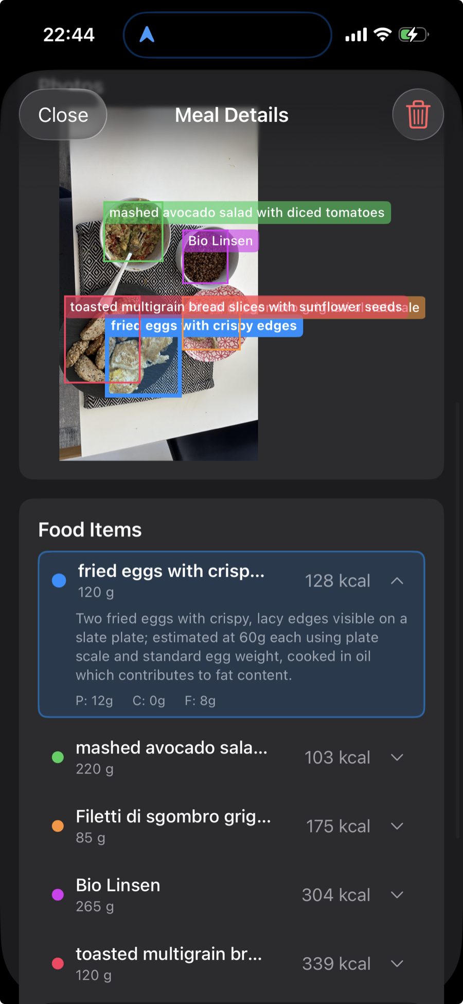 Meal detail screen showing a multi-item plate analyzed by the AI: each detected item is outlined and labeled on the photo, and listed below with its own calories and macros.