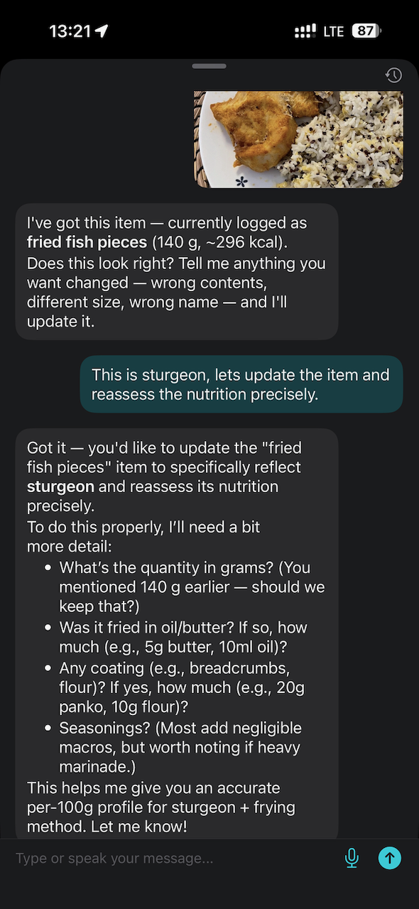 The chat assistant scoped to a single food item from a meal, with the cropped photo of that item pinned above the conversation, and the user telling the AI what the item actually is so it can re-analyze.