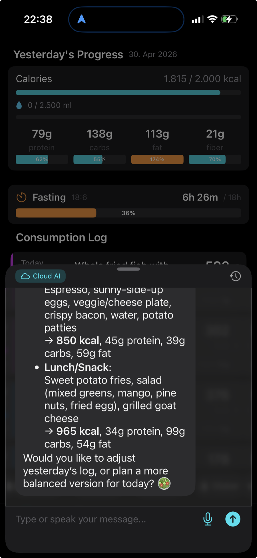 The chat assistant rendering a Markdown summary of yesterday's meals with bulleted breakdowns and calorie totals, overlaid on the day's meal log.