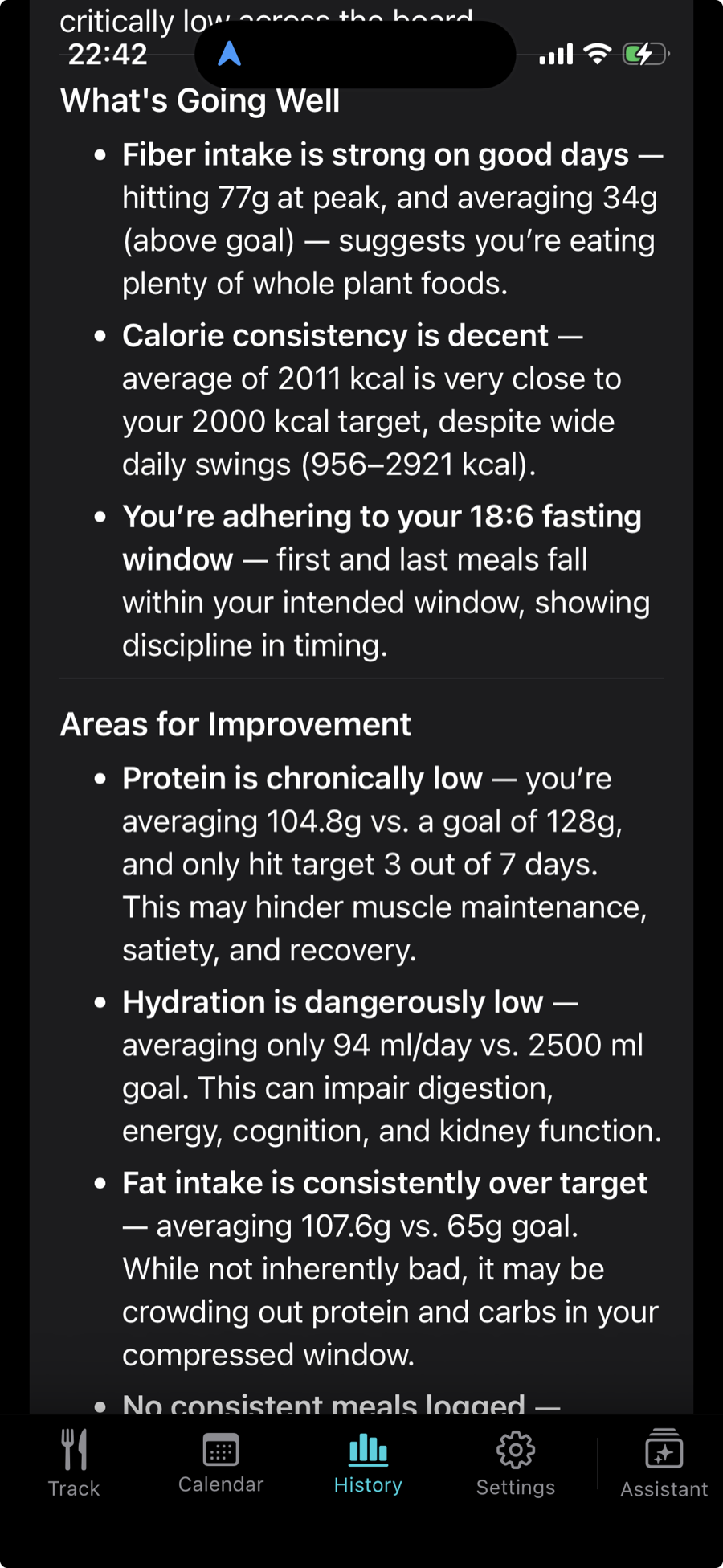 A weekly nutrition review written in plain language, with bulleted callouts under 'What's Going Well' and 'Areas for Improvement' covering fiber, calorie consistency, fasting adherence, and protein intake.